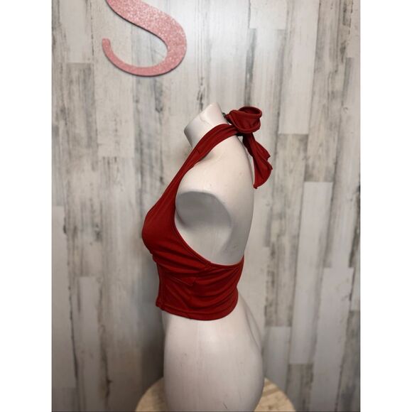 Rust Red Halter Crop Top | Backless Corset Style Tie Neck Top Size Small - Picture 2 of 6